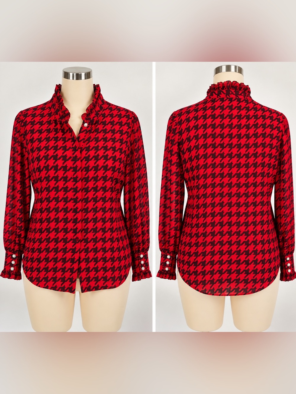 Ann Taylor Red and Black Houndstooth Ruffle-Neck Button Down